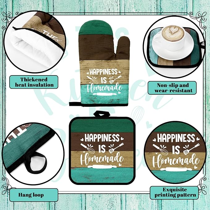 Fourluoo 10 Pcs Farmhouse Kitchen Decor and Accessories Set 4 Kitchen Towels 2 Pot Holders 2 Oven Mitts 2 Rugs for Cooking Baking Mom Housewarming Gifts(Green,Classic Style)