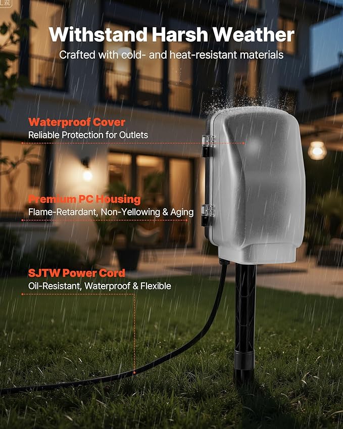 VEVOR Outdoor Power Stake Timer, 50FT Extension Cord, Remote Control Outdoor Power Strip with Cover, Dusk to Dawn Light Timer Waterproof, 6 Outlets for Halloween Christmas Lights, Garden Decorations