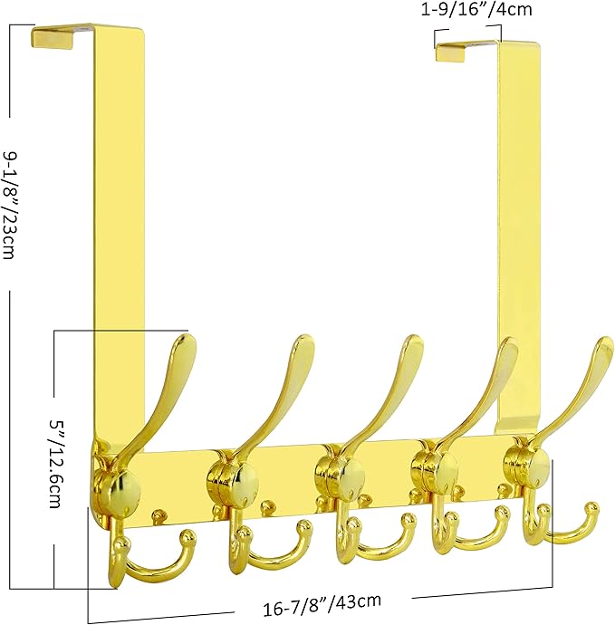 SKOLOO Over The Door Hook - for Doors up to 1-3/4'' Thickness, Pack of 2, Metal Door Hanger with 5 Triple Hooks, Over The Door Hanger for Coats, Hats,Towels, Gold, Assembly Required