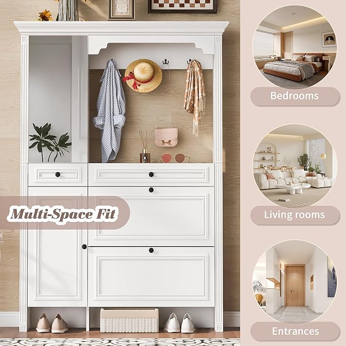 Merax Hall Tree with Shoe Storage, Entryway Coat Rack with 4 Hooks, 2 Flip Drawers, and 2 Cabinets, Modern Hall Trees for Hallway, Living Room,White