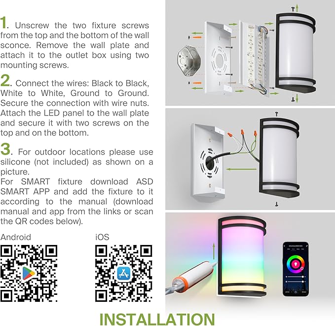 ASD 24 Inch Smart RGBW LED Outdoor Sconce Lights - 23W 120-277V 2700-6500K Black Exterior Lighting Fixtures, Remote Control Alexa Exterior Lights for House, Patio Wall Light Fixture ETL