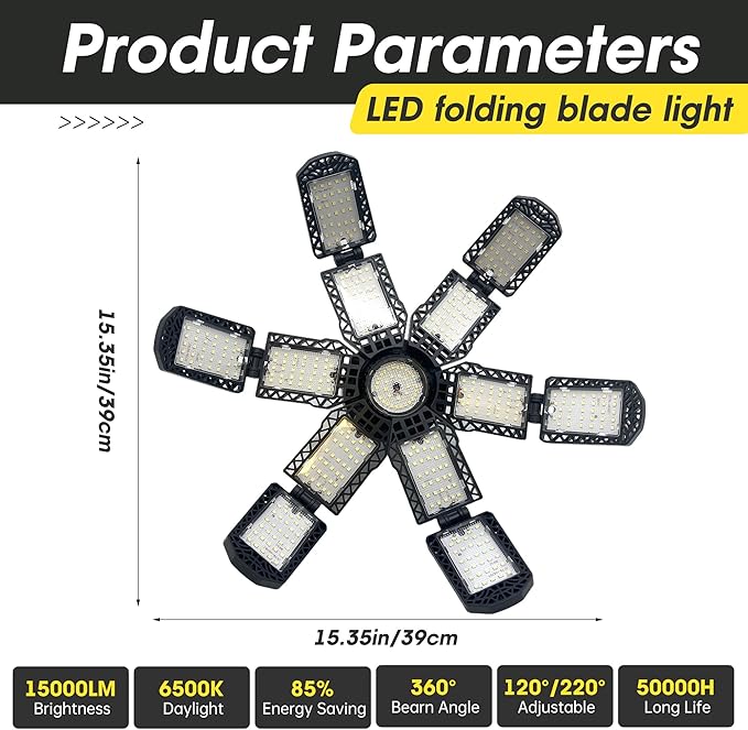 2 Packs LED Garage Light,Super Bright Screw in E26/E27 Ceiling Shop Work Lamp, 280W 30000 Lumen Deformable Basement Bulb Fixture with 12+1 Adjustable Panels, Lighting for Workshop, Attic