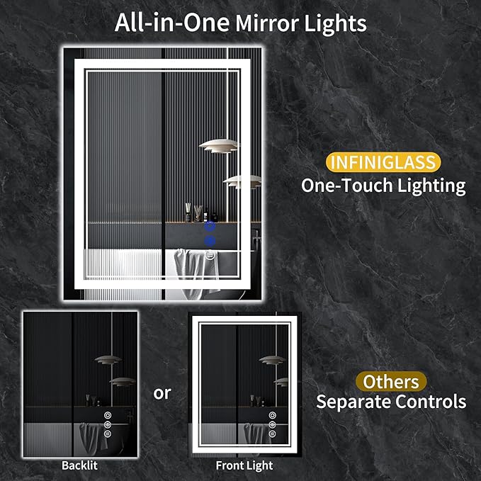 32"x24" LED Bathroom Mirror with Anti-Fog, Stepless Dimmable Lights, 3 Color Modes, Shatter-Proof Tempered Glass,Waterproof Design