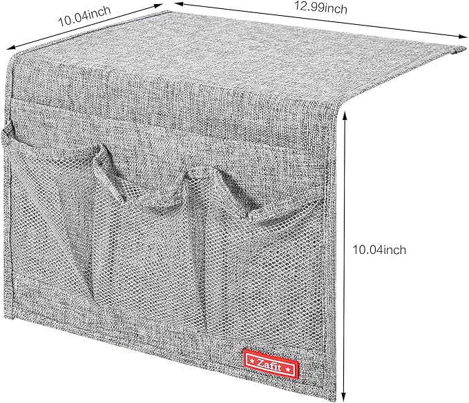Linen 4 Pockets Bedside Caddy, Bedside Storage Organizer for Magazine, Remotes, Phone (Classic Grey)