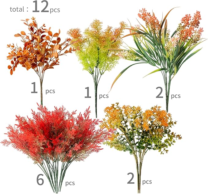 12Pcs Artificial Fall Flowers for Outdoor Decoration UV Resistant Fake Plastic Plants Faux Cedar Seaweed Eucalyptus for Autumn Full Indoor Garden Patio Fireplace Window Box Kitchen Home Decor