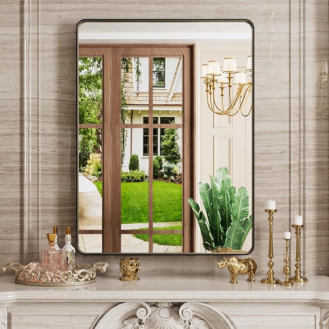 22x31 Inch Black Bathroom Mirror, Rounded Rectangle Matte Framed Wall Mounted Mirror, Bathroom Vanity Mirror, Tempered Glass, Anti-Rust, Horizontal/Vertical...
