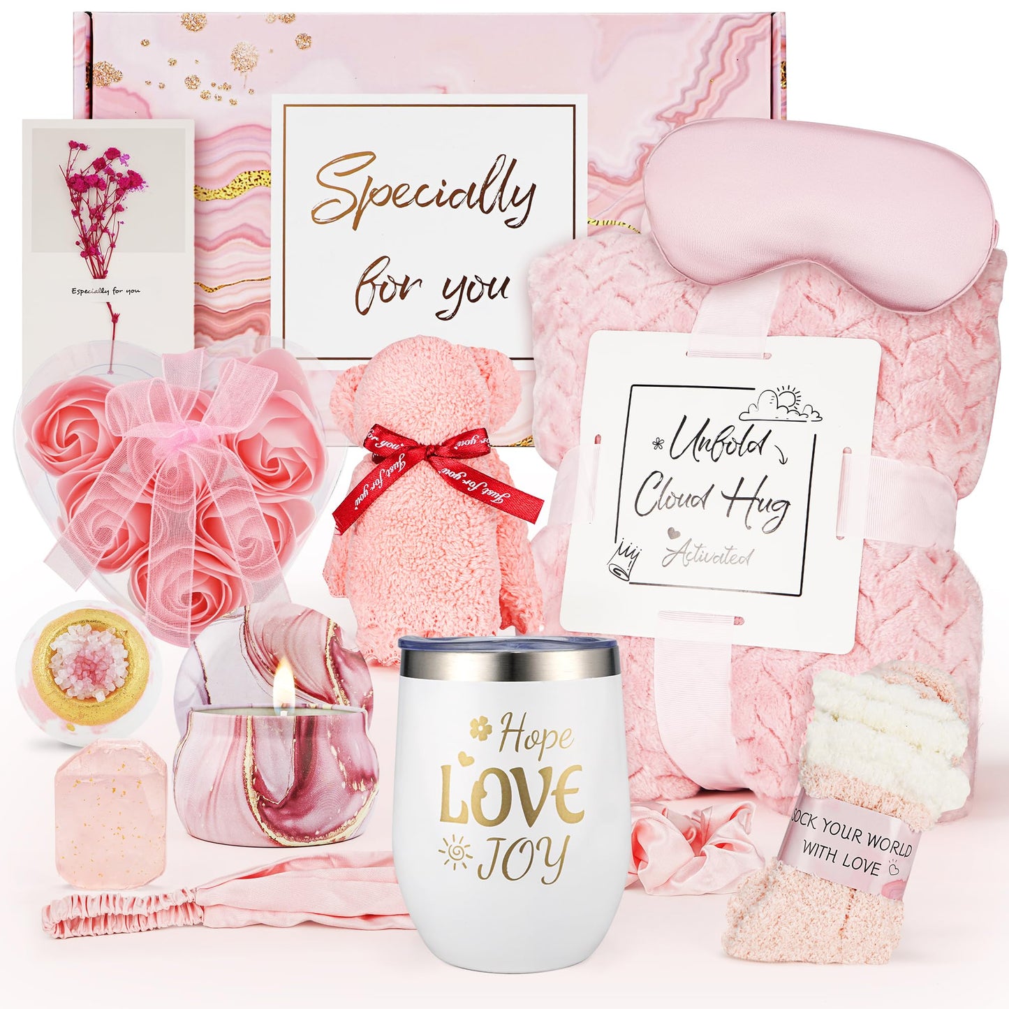 LuckyBundle Birthday Gifts for Women - Luxury Self Care Gift Basket for Her, Mom, Sister, Bestied Coworker - Unique Spa Care Package with Flannel Blanket - Ideal for Mother's Day, Get Well Soon