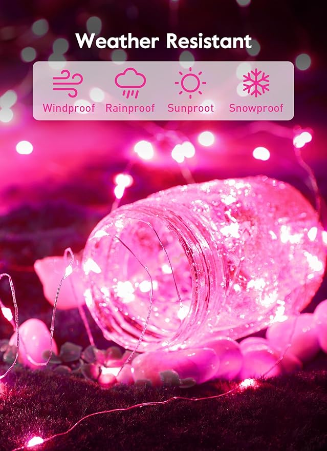 Pink USB Fairy Lights Plug in, 33Feet 100 LEDs Twinkle String Lights with Remote and Timer, Waterproof 8 Modes for Valentine's Day Bedroom Indoor Wreath DIY Wedding Christmas Holiday Decoration