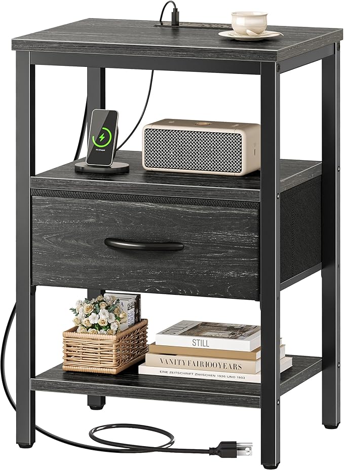 SUPERJARE Nightstand with Charging Station, Bed Side Table with Adjustable Fabric Drawer, Night Stand for Bedroom, 3-Tier Storage End Table, for Living Room, Charcoal Black Wood Grain Print