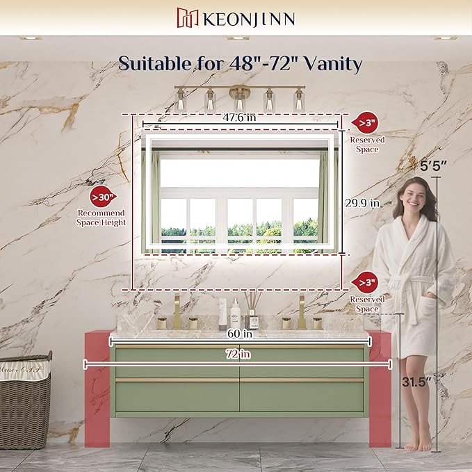 Keonjinn 48" x 30" Lighted Bathroom Mirror, Frontlit & Backlit Frameless LED Mirror, HD Tempered Glass, Quick Defogging, 3 Color Lights, Dimmable, UL-Listed LED Driver, Wall-Mounted Vanity Mirror