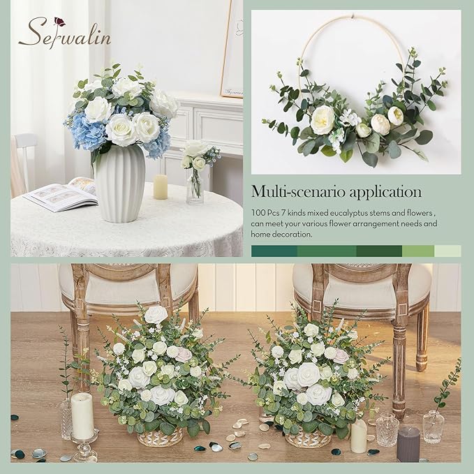 Serwalin 100 Pcs 7 Kinds Mixed Artificial Eucalyptus Leaves Stems Bulk with Flowers Faux Silver Dollar Eucalyptus Stmes Greenery Branches for Wedding Floral Arrangement Centerpieces Home Decor