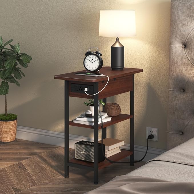 LIDYUK End Table with Charging Station, Flip Top Side Table with USB Ports and Outlets, Nightstand for Small Spaces, Bedside Tables with Storage Shelf for Living Room, Bedroom, Dark Cherry