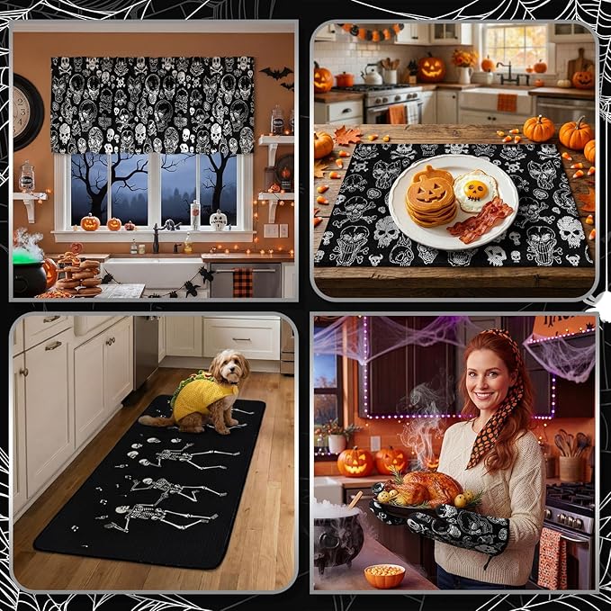 Fourluoo 16 Pcs Halloween Kitchen Decor and Accessories Set Black Skeleton Kitchen Towels and Dishcloths Non Slip Rugs Mats Oven Mitts and Pot Holders Scary Curtains Set for Home Decoration Gift