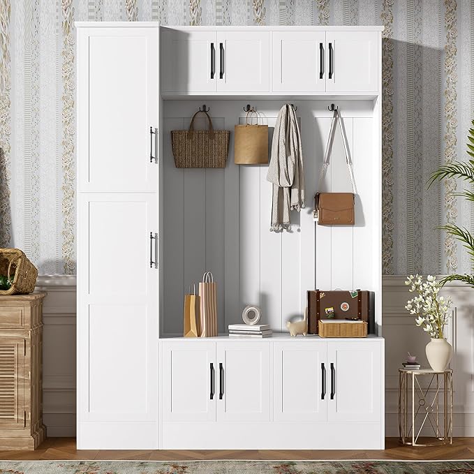 79-inch Modern Hall Tree with Shoe Storage - 4-in-1 Entryway Organizer with 6 Storage Cabinets, 4 Coat Hooks & Adjustable Shelf for Hallway, Living Room (White)