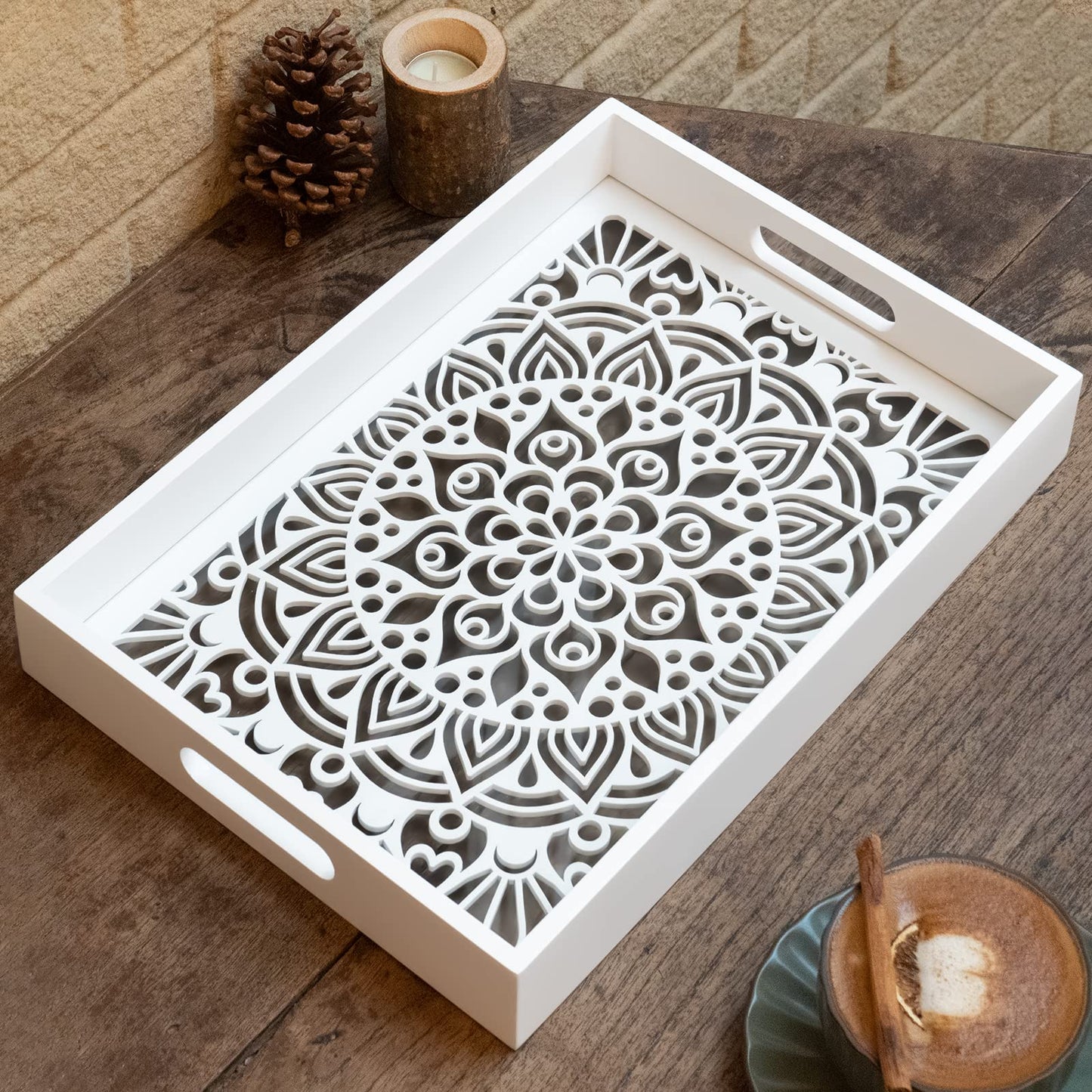 LINKOVE Wooden Serving Tray with Handles, White Wood Couch Ottoman Tray for Living Room, Decorative Tray for Coffee Table Kitchen Counter, Candle Perfume Displayed for Bedroom Bathroom,15" x 10"