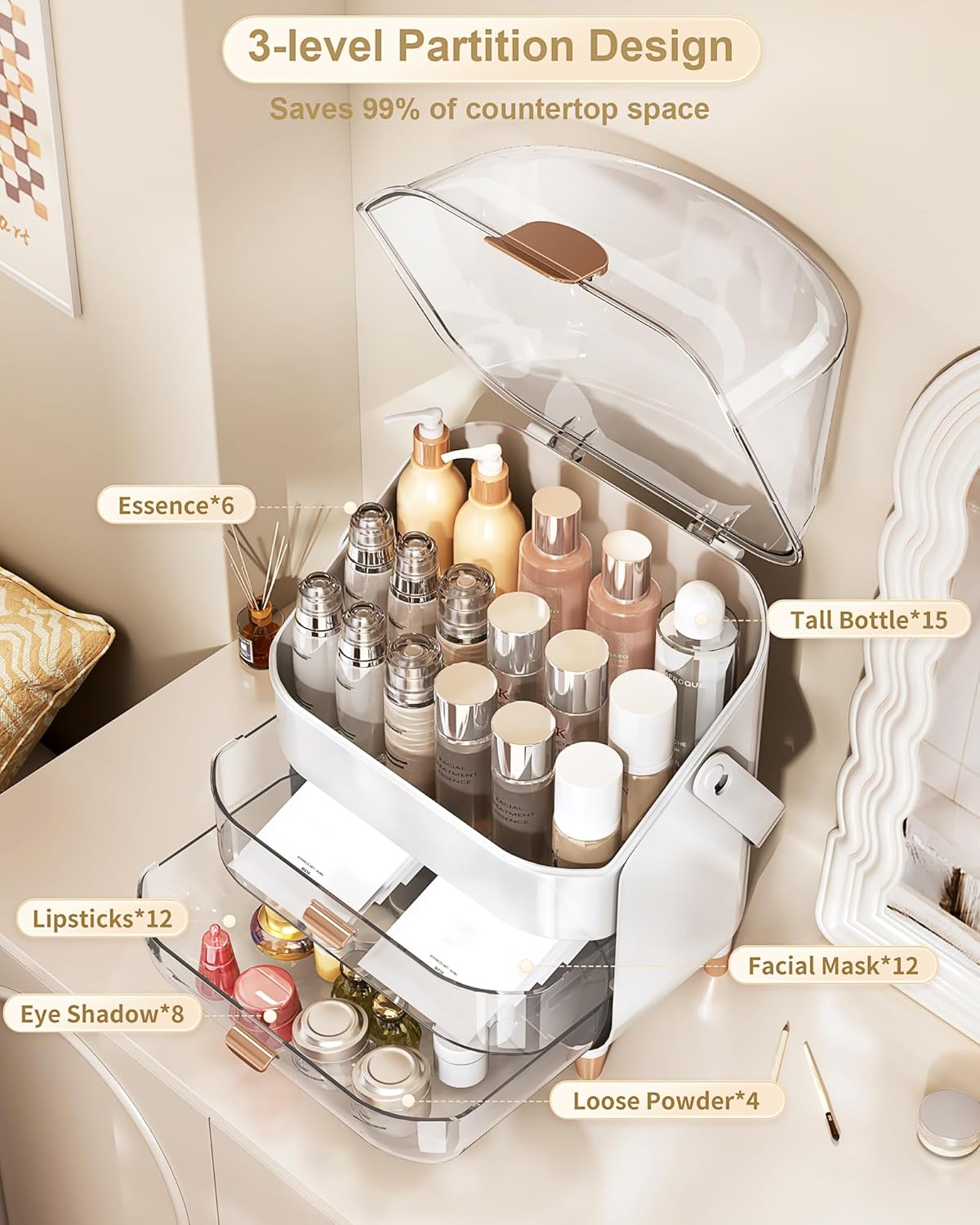 Makeup Organizer, Skincare Holder Bathroom Counter Organizer, Storage Box Cosmetic Display Cases, Teen Girl Gifts Trendy Stuff Make up Organizers for Vanity, Dresser, Countertop (Silver)
