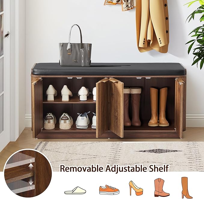 43.3''W Fluted Entryway Shoe Storage Bench with 4 Doors and Adjustable Shelf, 2-Tier Entry Bench Seat with Shoe Storage and Cushion, Shoe Cabinet Bench for End of Bed, Foyer, Hallway -Walnut