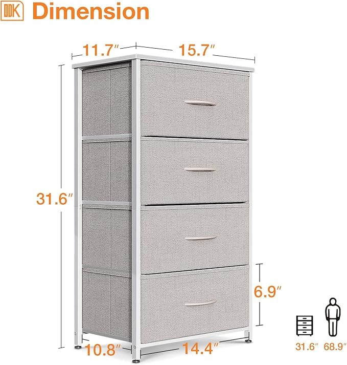 ODK Dresser for Bedroom with 4 Storage Drawers, Small Dresser Chest of Fabric Drawers with Sturdy Steel Frame, Wood Top, Light Grey