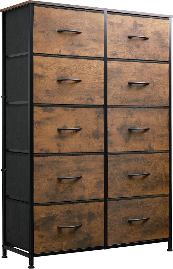 WLIVE Tall Dresser for Bedroom with 10 Fabric Drawers, Organizer Units for Closet, Storage Tower with Cabinet, Metal Frame, Rustic Brown Wood Grain Print Dressers