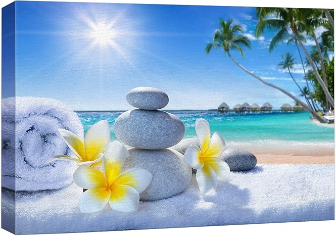 wall26 Canvas Print Wall Art White Massage Stones on Vibrant Beach Nature Floral Photography Realism Tropical Landscape Colorful Multicolor for Living Room, Bedroom, Office - 12"x18"