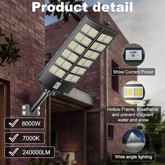 9000W Solar Street Lights Outdoor Dusk to Dawn, 240000LM 7000K IP67 Waterproof Motion Sensor Parking Lot Lights for Garden Pathway, High Efficiency LED Solar Street Lights