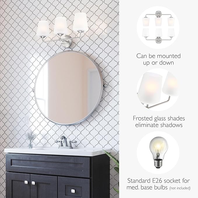 Design House Stasia Vanity Light, 3-Light, Sleek Modern Arms, Frosted Glass Glow, Dimmable, Dual-Mount Option, E26 Socket, Satin Nickel, 23.8 in L x 6.7 in W x 11.0 in H, 589291