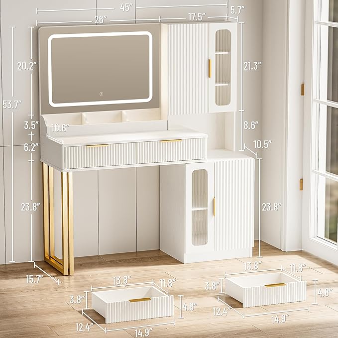 44" Modern Makeup Vanity Desk with Mirror and Lights, Makeup Vanity with 5 Shelves& 2 Drawers and Cabinet, Vanity Table with Power Outlet, 3 Color Adjustable Lighting Dressing Table Set for Bedroom