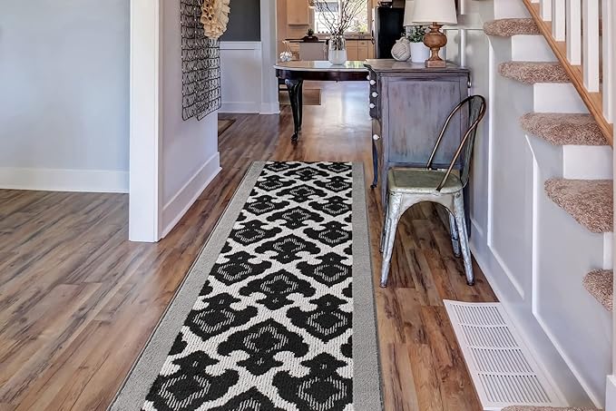 Custom Length Cut to Size Fleur de Lis Inspired Carpet Runner Rug for Hallways, Non Slip Rubber Backed, 31 inch Wide X Customized Length, Royal Grey, 31 inch X 10 feet