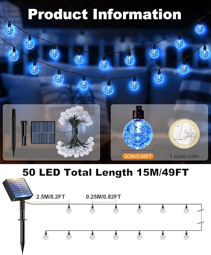 btfarm 2 Pack Solar String Lights Outdoor Waterproof, Total 98 FT 100 LED Solar Powered Patio Light, 8 Lighting Modes Crystal Globe Decoration for Garden Balcony Porch Yard Party, Blue