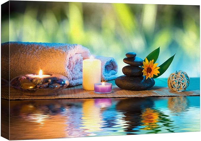 wall26 Canvas Print Wall Art Candles and Towels with Black Zen Stones and Orange Daisy Nature Floral Photography Realism Rustic Colorful Multicolor Ultra for Living Room, Bedroom, Office - 12"x18"