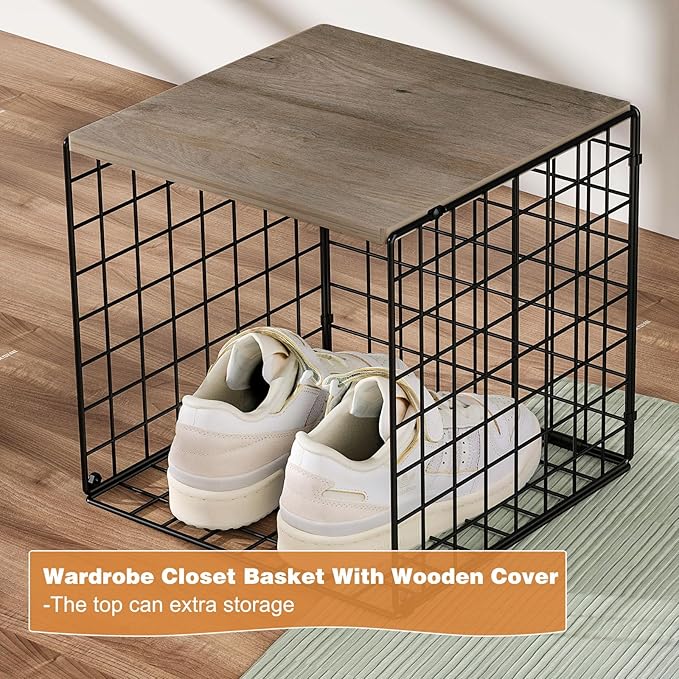 4-Tier Stackable Closet Organizers and Storage Basket, Shelves with Wood Top, Foldable Clothes Storage Bin/Cube Drawer Organizer for Wardrobe, Space-Saving, Closet Organization,Black(Patent Pending) ﻿
