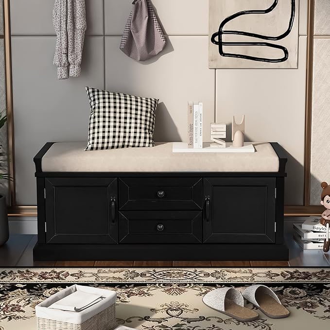 Merax Rustic Wood Shoe Storage Bench with 2 Drawers and 2 Cabinets for Entryway Hallway Front Door Black