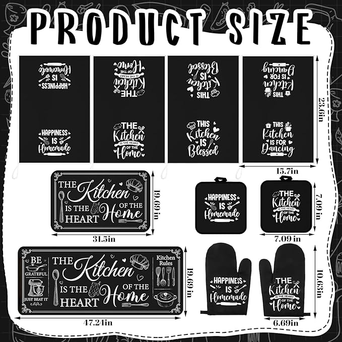 Fourluoo 10 Pcs Farmhouse Kitchen Decor and Accessories Set 4 Kitchen Towels 2 Pot Holders 2 Oven Mitts 2 Rugs for Cooking Baking Mom Housewarming Gifts(Black,Classic Style)