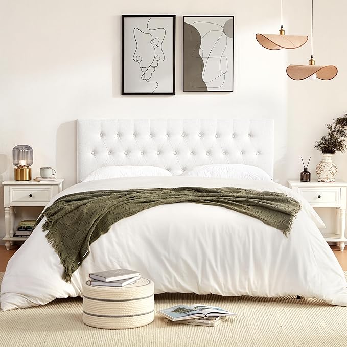 Tufted Upholstered Headboard Full Size, Solid Wood Head Board with Durable Metal Legs, Adjustable Height Full XL headboard from 37” to 51” Fabric Headboard in Modern Button Design, White