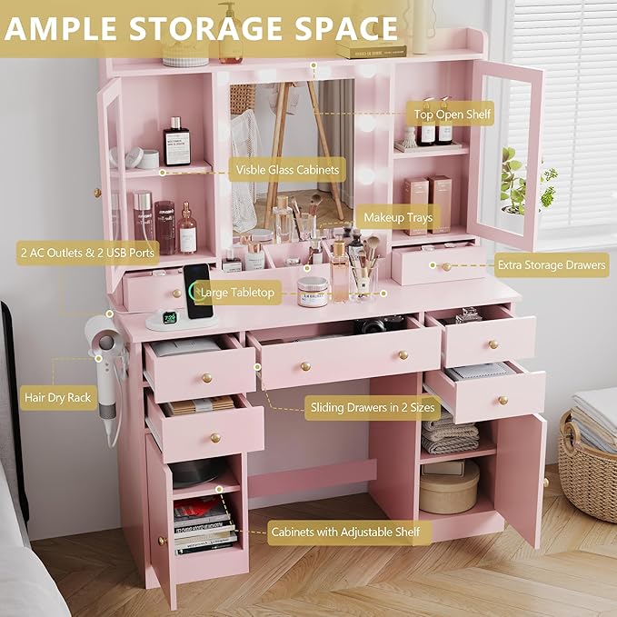 Makeup Vanity Desk with Mirror and Lights, Pink Vanity Table Set with Storage Drawers, Charging Station & Cabinets, Large Dressing Table with RGB Ambient Light for Women Girls Bedroom Bathroom