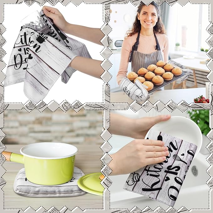 Fourluoo 10 Pcs Farmhouse Kitchen Decor and Accessories Set 4 Kitchen Towels 2 Pot Holders 2 Oven Mitts 2 Rugs for Cooking Baking Mom Housewarming Gifts (Unadorned Color,Stitched Wood Grain)