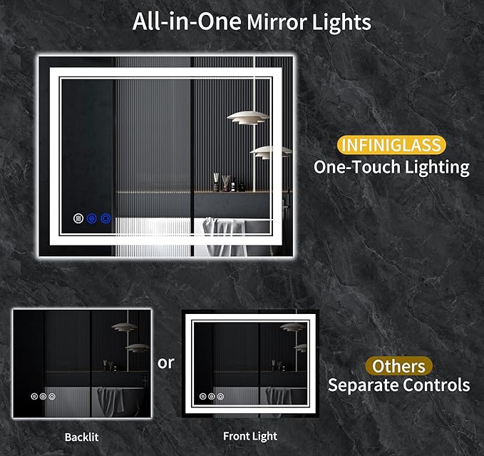 55"x36" LED Bathroom Mirror with Anti-Fog, Stepless Dimmable Lights, 3 Color Modes, Shatter-Proof Tempered Glass,Waterproof Design
