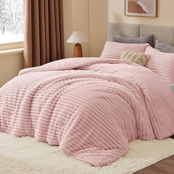 BEDELITE Fleece Twin Comforter Set -Super Soft & Warm Fluffy Pink Bedding, Luxury Fuzzy Heavy Bed Set for Winter with 1 Pillow case