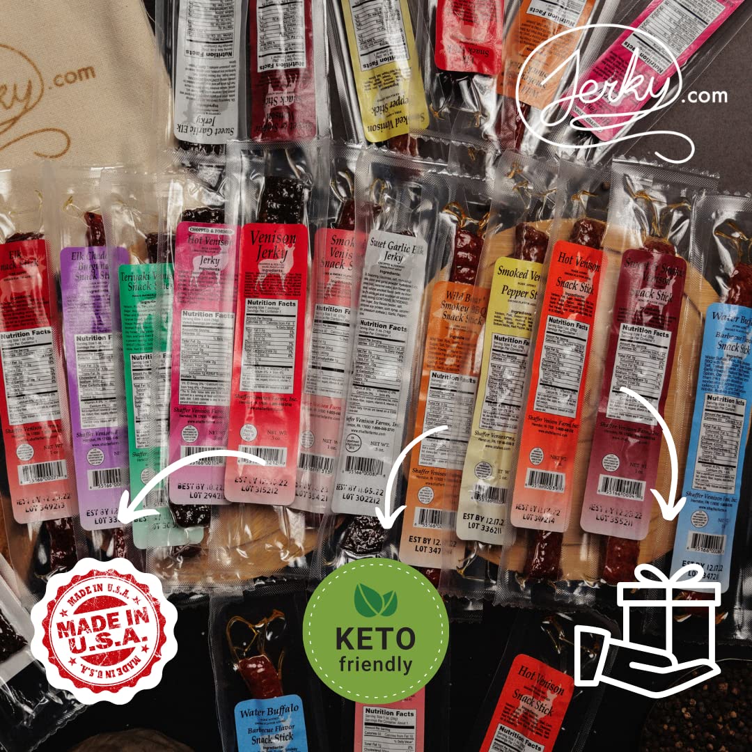 Jerky.com Exotic Meat Sticks Gift Bag | Wild Game Jerky Sampler with Venison, Elk & Wild Boar | 12pc High Protein Meat Snacks Variety Pack | Unique Gift Basket for Men, Dad, Hunters, Outdoorsmen
