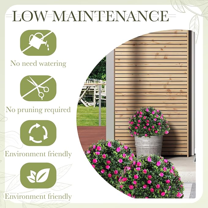 Yunlly Set of 2 Artificial Boxwood Topiary Ball Tree Fake Bushes Shrubs Outdoor Faux Plant with Ground Spike Flowers UV Resistance Greenery for Front Porch Garden Patio Indoor(Pink,18x10inch)