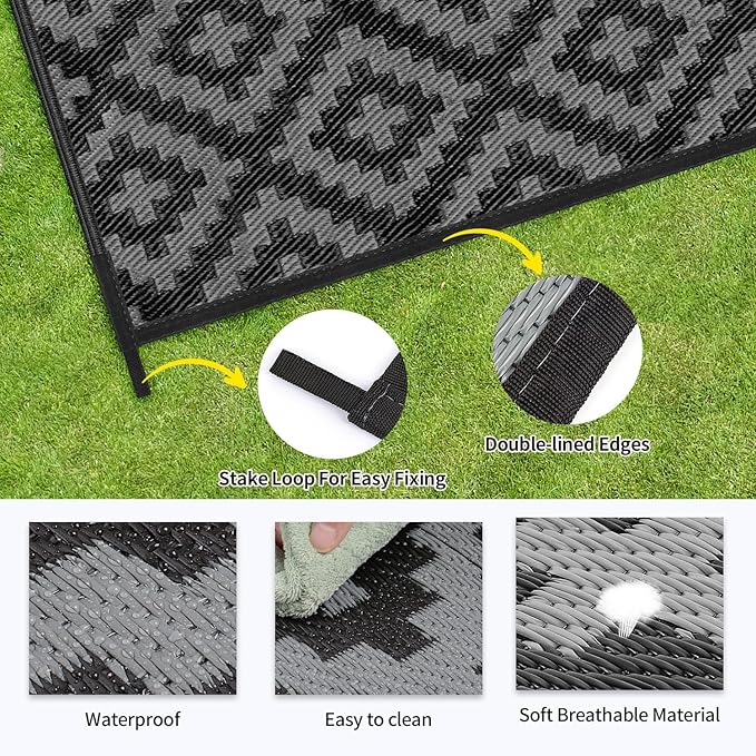 Outdoor Patio Plastic Straw Rug - 9'x12' Outdoor Camping Rug Waterproof Reversible, Area Carpet Patios Clearance RV, Outside Porch Balcony Deck for Camper, Black & Grey
