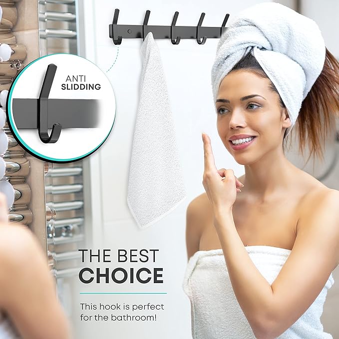 Matte Black Coat Rack Wall Mount – 17 Inch Stainless Steel Hook Rail with 6 Double Coat Hooks – Wall Mounted Entryway Organizer for Coats, Hats, Bags, Towels, Robes, Closet or Bathroom - 2 Pack