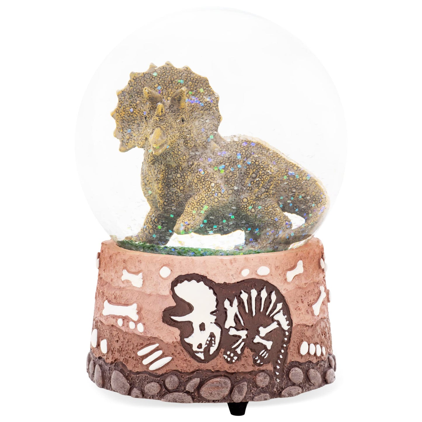 Elanze Designs Triceratops Fossils Brown Paleontologist Bone Dig Skeleton Science STEM Footprints Museum Animal 100MM Musical Glitter Dinosaur Snow Globe Plays Tune Born Free