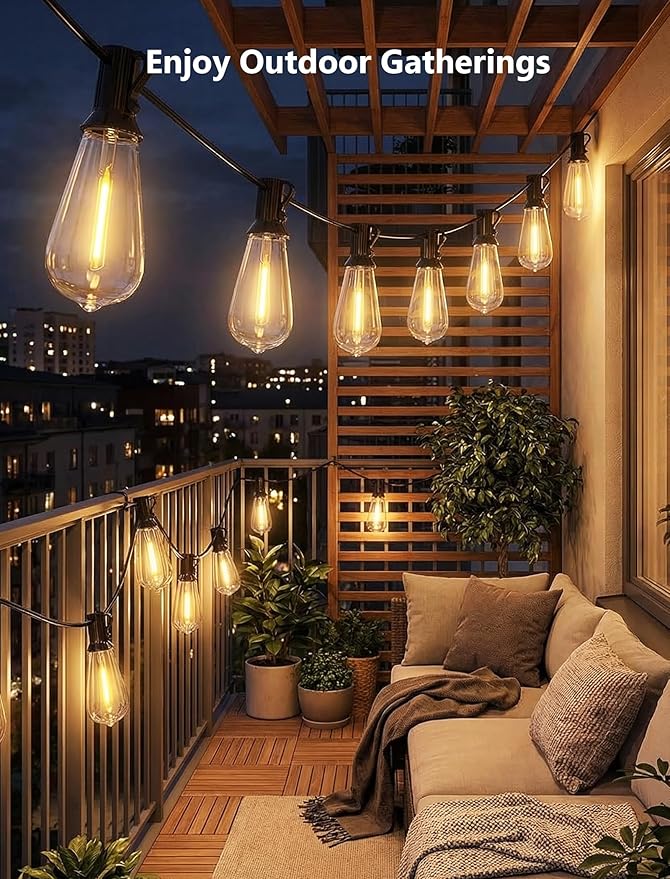 10FT Outdoor String Lights, ST40 Shatterproof Vintage Edison Bulbs, Black Cord Waterproof LED Plug-in Short Patio Light, Indoor Hanging Decor for Porch Balcony