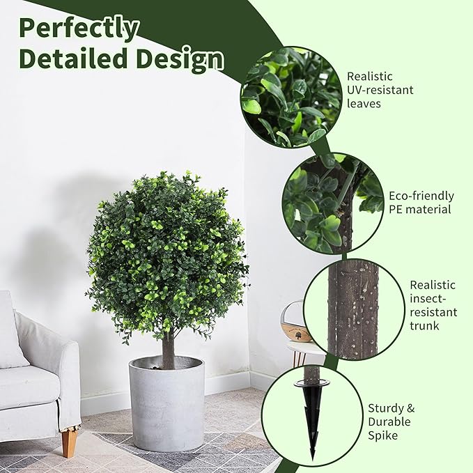 27.2" Artificial Boxwood Topiary Set of 2 with Spike, Fake Plants Boxwood Balls Greenery Bushes, Uv Resistant Artificial Outdoor Plants Shrubs for Front Porch Decor, Home Faux Plants Indoor