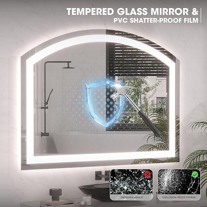 Hasipu 77" x 36" Arch LED Bathroom Mirror, Frontlit Wall-Mounted Vanity Mirror with Lights, Defogging, Smart Touch, Dimmable 3 Color Modes, Safety Shatterproof Glass Coating