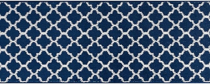 Custom Size Cut to Length Moroccan Trellis Design Runner Rug Mat For Wide Long Hallways with Non-Slip Rubber Backing, Better Traction for Pets, Prevent Slippage, Trellis Navy Blue, 31 inch X 16 feet