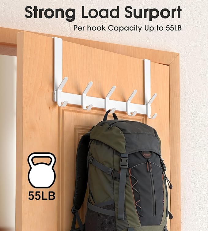 Over The Door Hooks Hanger with 7" Arms for Hanging Heavy Coats, Towel, J7U, Perfectly Fits US Standard 1 3/4-inch Doors, Towel Rack Bathroom Organizer Holder, Rustproof, White