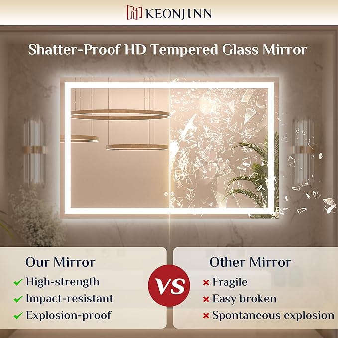 Keonjinn LED Bathroom Mirror 60" x 28" with Frontlit & Backlit, Lighted Mirror for Bathroom Wall with Stepless 3-Color Lights, Large Anti-Fog Mirror, HD Tempered Glass, UL-Listed LED Driver