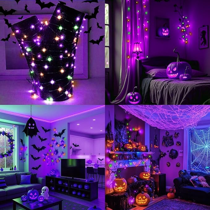 LAMPHOME 100 LED 33FT Halloween Fairy Lights Battery Operated with Remote, Mini Starry String Lights,Multi Functions & Timer, Twinkle Light for Home Bedroom DIY Centerpiece Decor,Orange Purple Green